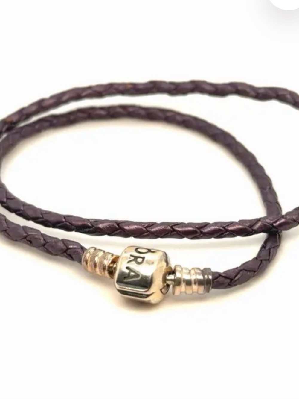Pandora Purple Braided Leather Double Wrap Bracelet with Silver Logo Clasp